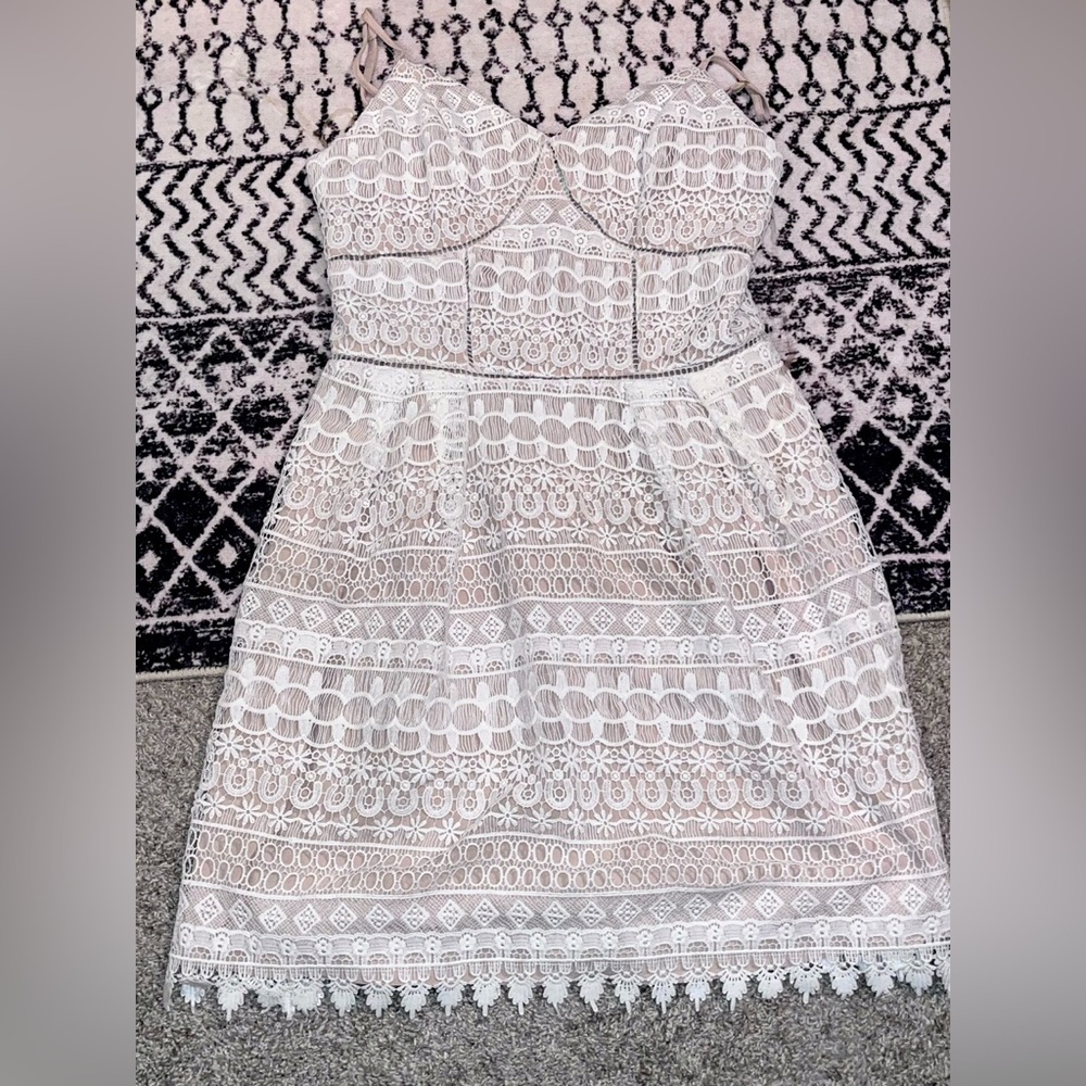 Lace Overlay A-Line Dress in Tan and White
